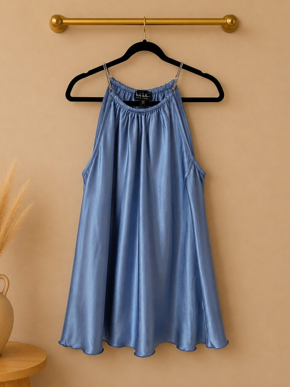 Blue Satin Halter Top with Chain Straps